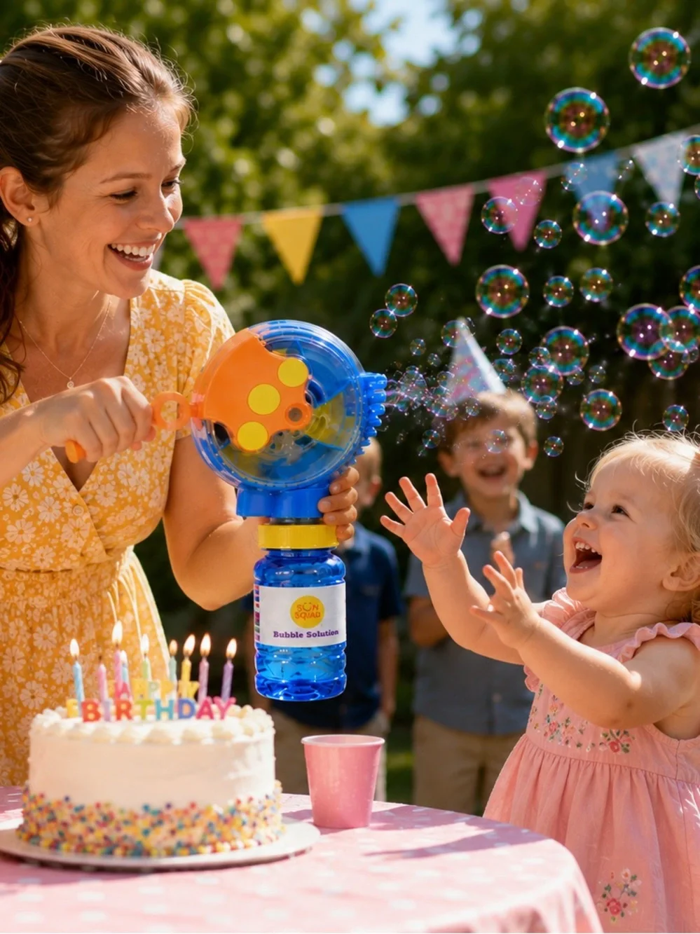 Sun Squad Hand Crank Bubble Blower with Bubble Solution | New | Ages 3+